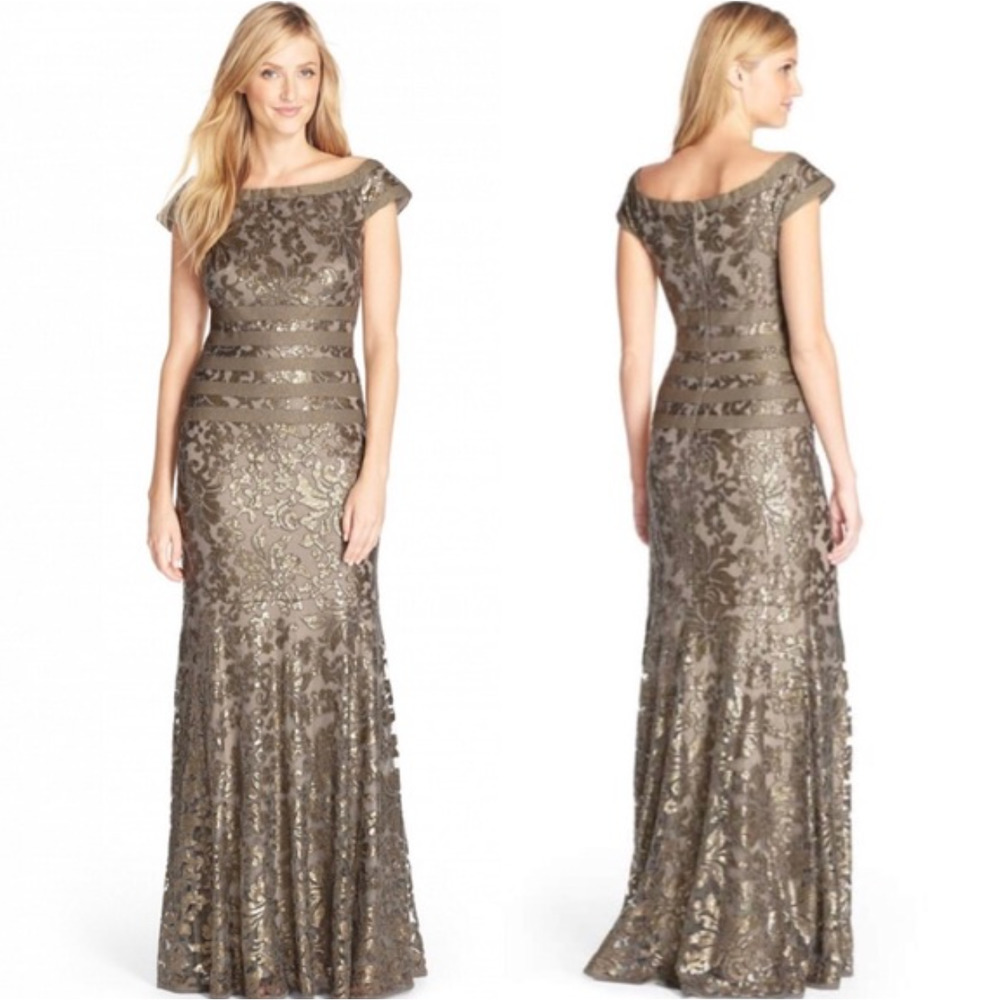 Tadashi Shoji Mesh Sequin Mermaid‎ Gown in Smoke Pearl Size 6